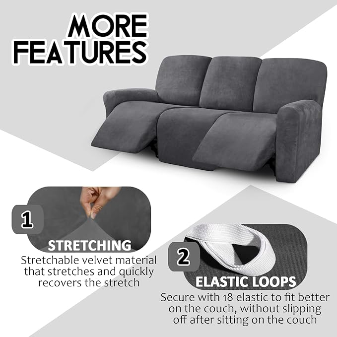ULTICOR Velvet 8-Pieces Recliner Sofa Covers Stretch Reclining Couch Covers for 3 Cushion Reclining Sofa Slipcovers Furniture Covers Thick Soft Washable (3 Seater Recliner Cover, Dark Gray)