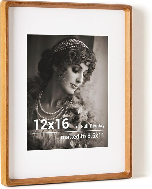 12x16 Picture Frame, USA-Sourced Teak Wood Photo Frames with HD Tempered Glass, Handcrafted Rounded Corner 12 x 16 Wooden Frames Matted to 8.5x11 Photos, Horizontal or Vertical Wall Display