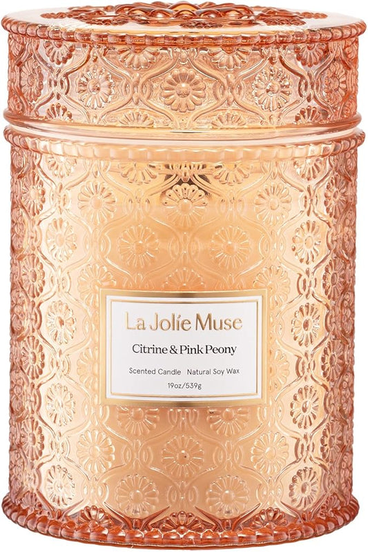 LA JOLIE MUSE Citrine & Pink Peony Scented Candle | Bergamot, Peony & Amber | 19 oz Large Wooden Wick | Natural Soy Wax | 90-Hour Clean Burn | Gift-Ready for Hosts & Gatherings