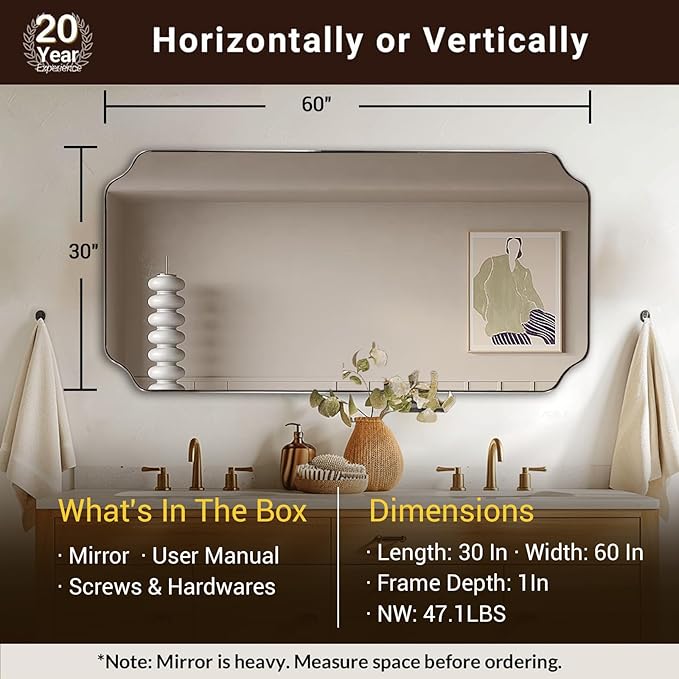 ANDY STAR 30"x60" Large Bathroom Mirror, Brushed Nickel Rectangle Scalloped Mirror, Modern Full Length Wall Mirror with Rust-Proof Stainless Steel Frame, Hangs Vertically or Horizontally
