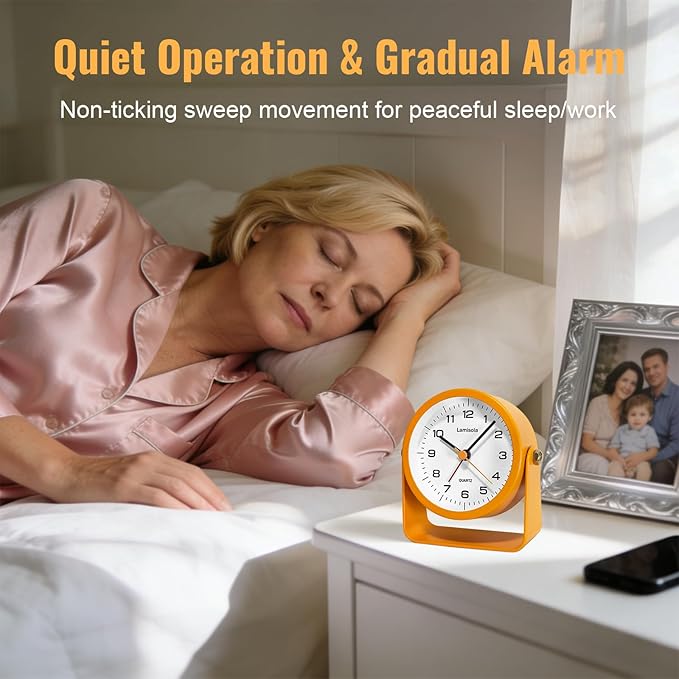 3.5 Inch Small Desk Alarm Clock, Battery Operated Analog Silent Clock with Night Light, Retro Vintage Metal Bedside Clock for Bedroom, Office, Bathroom, Dorm, Shelf, Table - Orange
