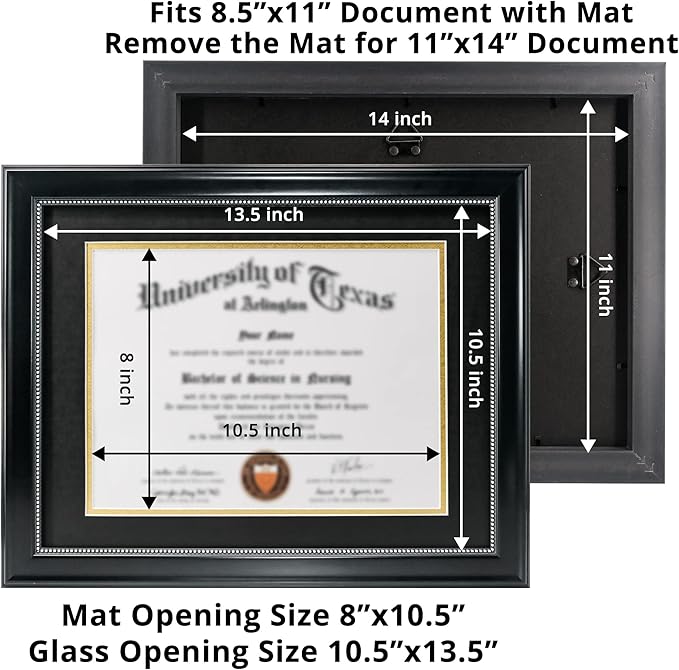 GraduationMall 8.5x11 Diploma Frame with Black over Gold Mat or Display 11x14 Document without Mat, UV Protection Acrylic, Black with Silver Beads, Set of 2