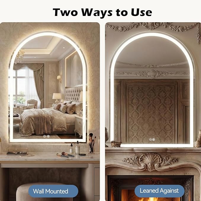Sweetcrispy 28“×36” LED Bathroom Backlit Mirror with Lights, Arched Vanity Mirror with Anti-Fog, Dimmable, 3-Color Light, Memory Function, Tempered Glass