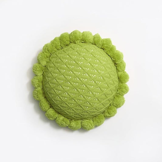 Acrylic Knitted Round Throw Pillow Knitting Bohemian Circular Cushion Pillow with Knit Handmade Pompoms Decorative Apple Green, Diameter 18inches