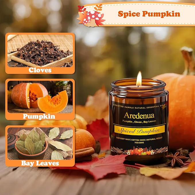 Spiced Pumpkin Candle – Holiday Winter Scented Candles with Warm Pumpkin & Festive Spice Aroma for Christmas Home Décor, Cozy Soy Candle Gift for Women & Men Christmas Gifts for Women Men