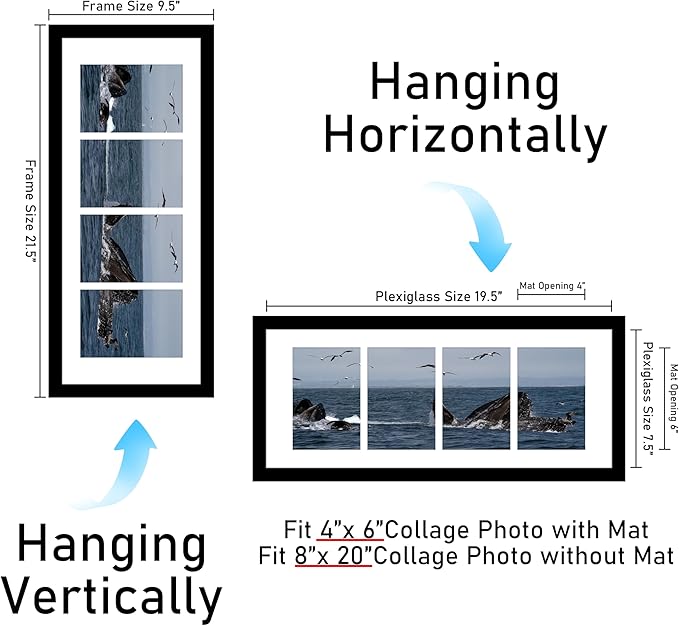 VIOLABBEY 8x20 Collage Picture Frame - Fits Four 4x6 Photos with Mat or One 8x20 Picture without Mat - Black Wall Decor