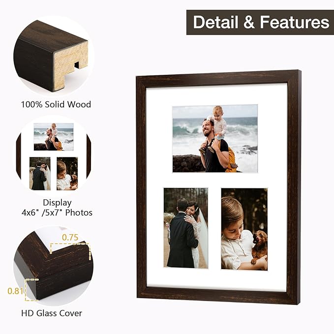 11x14 Dark Brown Wood Picture Frame - White Mat for 5x7 and 4x6 Photos - Real Glass, Sawtooth Hanger, Swivel Tabs - Wall Mounting - Great for Posters, Weddings, and Engagements