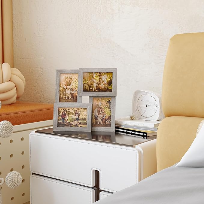 Egofine 4x6 Picture Frame Collage, Family Picture Frame for 4x6 pictures Covered by Plexiglass for Wall Hanging and Tabletop, 4-opening Dimensional Picture Frame for Home Deor, Oak Grey