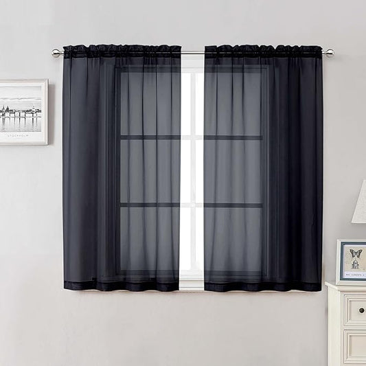 Lecloud Black Sheer Curtains 48 Inch Length 2 Pcs, Light Filtering Bedroom Curtains for Living Room Window Treatments, Rod Pockets Voile Drapes for Bathroom Basement, Each Panel 42" W x 48" L
