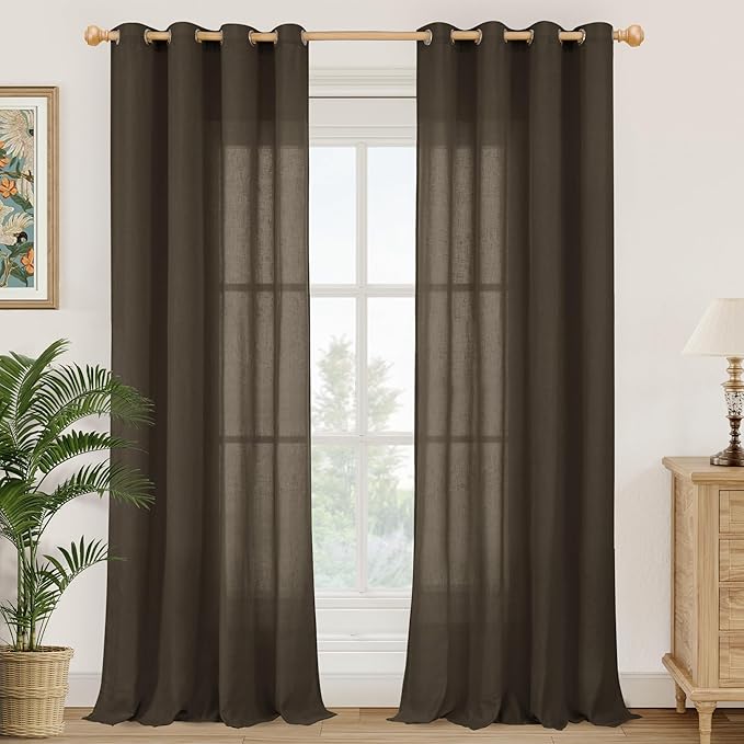 YoungsTex Brown Linen Semi Sheer Curtains 90 Inches Length for Living Room, Light Filtering Drapes Privacy with Grommet for Home Office Dining Room Bedroom, 2 Panels, 52 X 90 Inch