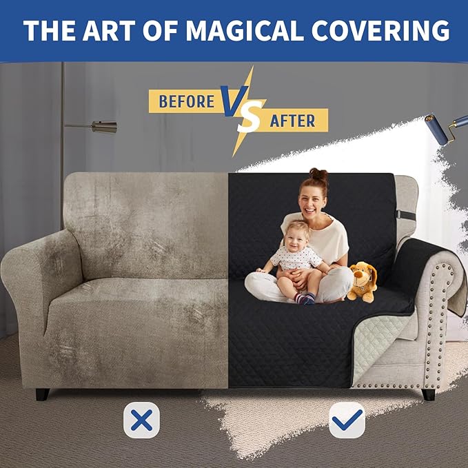 XINEAGE Quilted Chair Sofa Cover Waterproof Chair Covers for Armchair, Super Soft Washable Slipcover with Pockets & Non-Slip Elastic Straps, Thick Furniture Protector (Chair, Black)