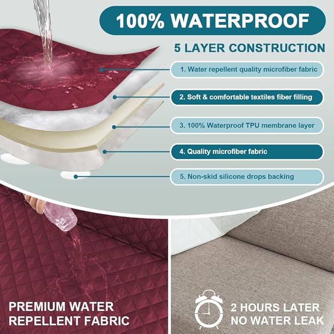 Turquoize 100% Waterproof Futon Cover Futon Slipcover Washable Armless Sofa Bed Slipcover Protector Seat Width Up to 70" with Adjustable Elastic Strap Anti-Slip for Dogs, Burgundy
