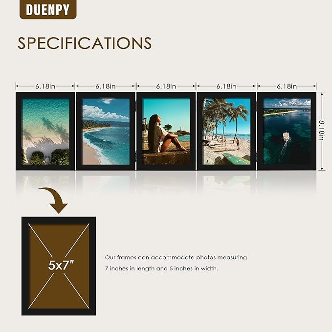 5 Folding 5x7 Picture Frame Horizontal Engineered Wood Accordion Photo Frame with Plexiglass Tabletop Bookshelf Display Black