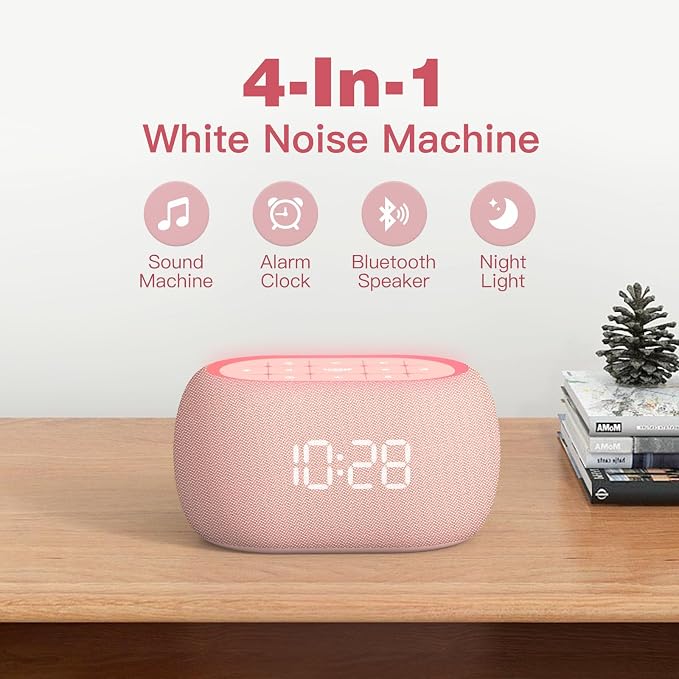 ANJANK White Noise Sound Machine Alarm Clock with Bluetooth Speaker, Hi-Fi Stereo Sound, 21 Soothing Sounds/7 Night Lights, 0-100% Dimmer/Sleep Timer, Soother for Teens Kids Girls, Bedroom, Pink - Image 2