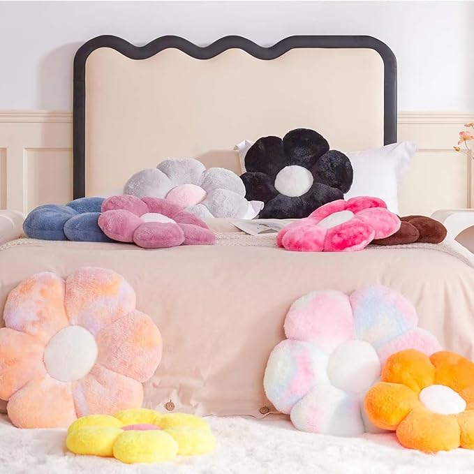 Kcvvcr Black Flower Pillow, Cute Decorative Flower Shaped Throw Pillow with Faux Rabbit Fur, 14.9" Soft Daisy Plush Floor Cushion Aesthetic Room Decor for Bed Sofa Couch