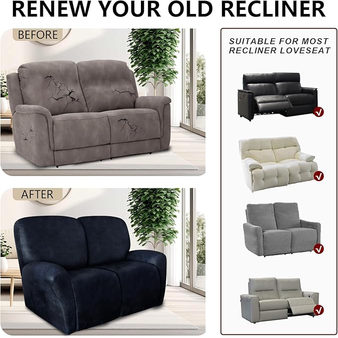 ANARACHON Loveseat Recliner Cover Leather Look Recliner Loveseat Covers Recliner Sofa Cover for 2 Seater Reclining Couch Spandex Fabric Washable 6 Pieces (2 Seater, 02 Navy)