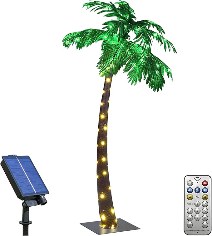 LIGHTSHARE Lighted 5FT Solar Palm Tree Artificial Palm Tree 96LED Lights for Office Decoration Outdoor and Indoors Tiki Bar Christmas Patio Pool