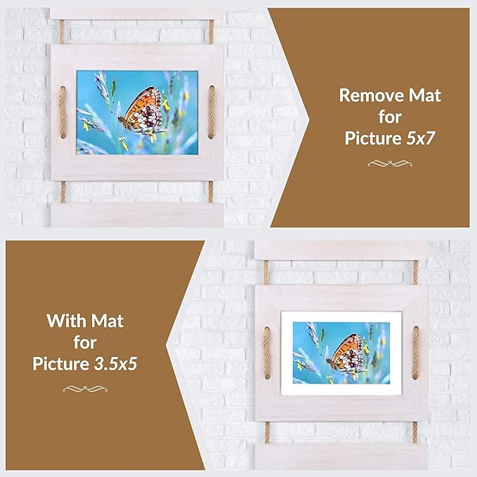 DLQuarts 5x7 Hanging Picture Frames Collage Wall Decor, 4-Opening 5x7 Matted to 3.5x5 Photo Rustic Wood Frame with Hemp Rope, 1 Pack, Vintage White