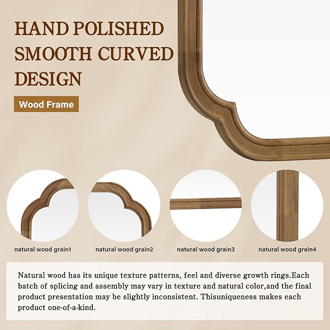 WallBeyond 24" x 36" Rounded Corner Arch Wall Mirror with Wood Frame for Entryway, Living Room or Bedroom Home Decor - Light Woodgrain 24" x 36" Natural Color