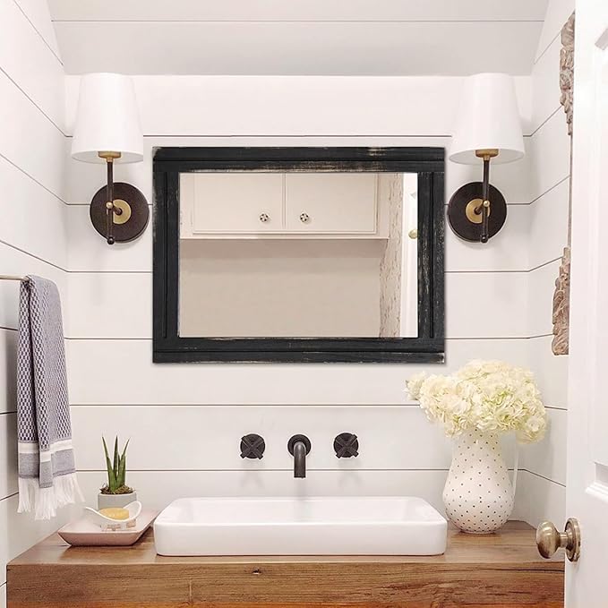 AAZZKANG Wall Mounted Mirror Small Rectangular Retro Mirrors with Wood Frame for Bedroom Living Room Bathroom Entryway Large 28"x20"