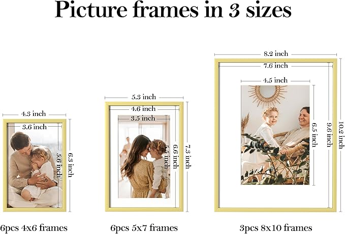 eletecpro Aluminum Gallery Wall Frame Set of 15, Including 3Pcs 8x10, 6Pcs 5x7, 6Pcs 4x6 Photo Frames for Wall or Tabletop Display, Multiple Sizes Picture Frames Collage Wall Decor, Gold