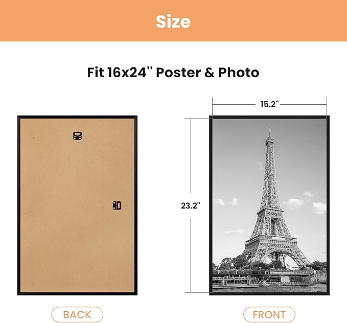 upsimples 16x24 Picture Frame Black 3 Pack, Scratch-Proof Poster Frames 16 x 24 for Photo Gallery - Slide-In Strips, Horizontal or Vertical Wall Mounting