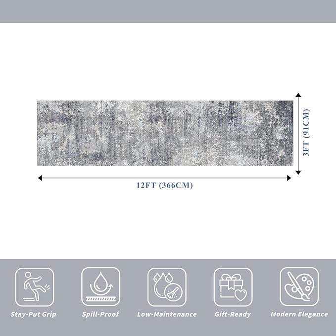 3x12 ft Non Skid Hallway Runner Rug - Long Washable Stain Resistant Low Pile Thin Carpet Runners for Kitchen Entryway Bathroom,Modern Abstract Neutral（Blue Grey,3x12）