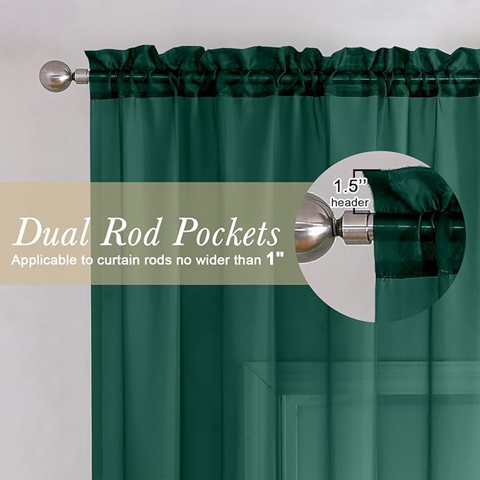 Lecloud Hunter Green Sheer Curtains 63 Inch Length 2 Panels Set, Voile Solid Window Curtains for Bedroom Light Filtering Living Room Drapes with Rod Pocket, Each Panel 42 X 63 Inch