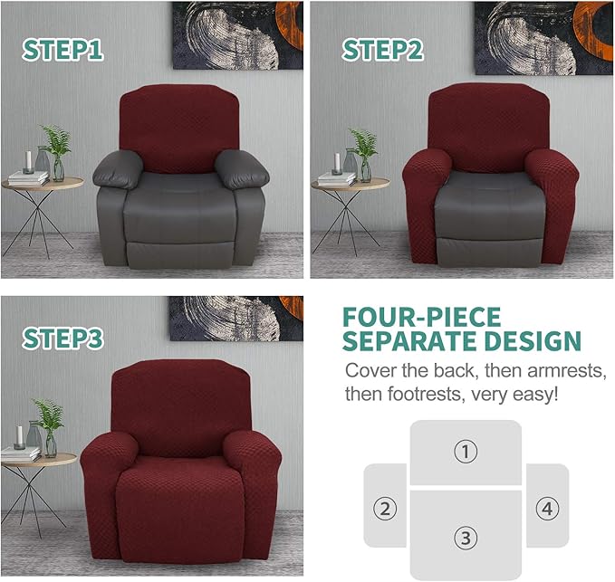 YEMYHOM 4 Pieces Stretch Recliner Slipcover Latest Jacquard Recliner Chair Cover with Side Pocket Anti-Slip Fitted Recliner Cover Couch Furniture Protector with Elastic Bottom (Recliner, Wine Red)