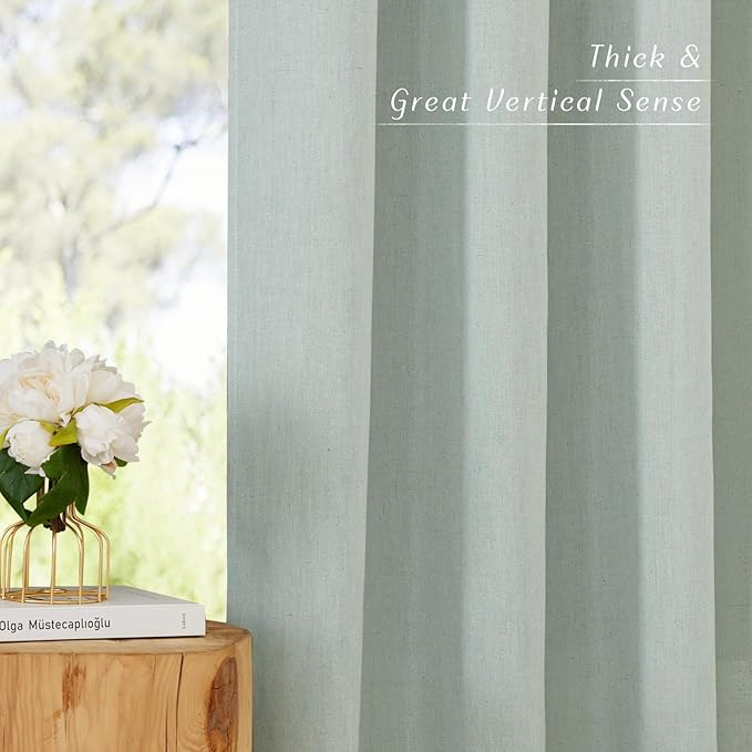 NICETOWN Thick Linen Sage Green Curtains 90 inches Long, Grommet Flax Linen Blend Window Treatments Privacy with Light Filtering Drapes for Bedroom/Kids Room, W55 x L90, 2 Panels