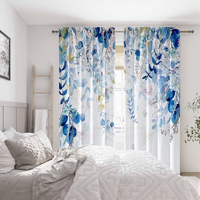 Blue Eucalyptus Curtains for Living Room 84" Length Watercolor Leaf Plant Spring Summer Blue and White Semi-Sheer Curtains for Bedroom Kitchen Windows,Botanical Nature Light Blue Gold Curtain, 2 Pack