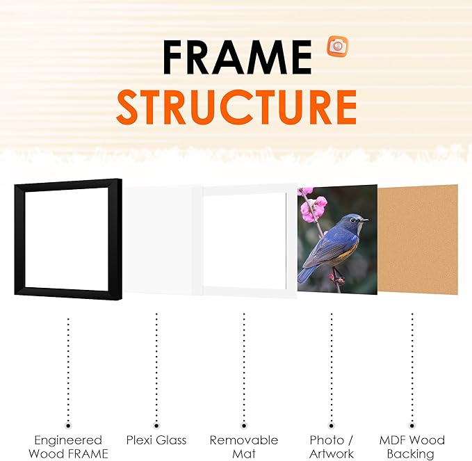FIXSMITH 6x6 Picture Frame Set of 4, Photo Frame with HD Plexiglass, Display Pictures 4x4 with Mat or 6x6 Without Mat Multi Picture Frames Collage for Tabletop or Wall Display, Black