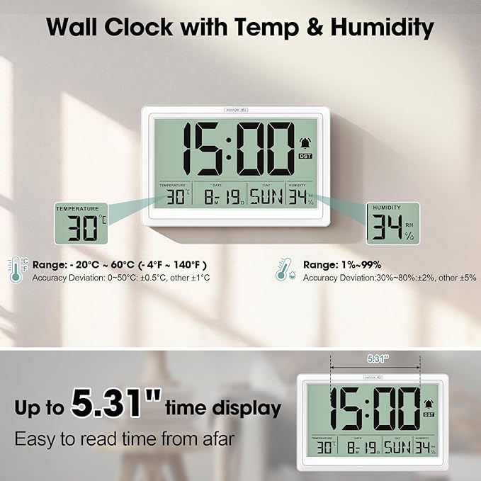 10.4'' Digital Wall Clock Battery Operated with Date/Temp/Week, Touch Snooze Function, Alarm, Temperature & Humidity - Easy to Read and Set, Auto DST