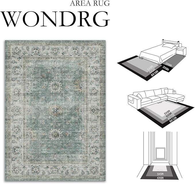 8x10 Washable Area Rug for Living Room Bedroom Teal Blue Vintage Large Distressed Rustic Low Pile Carpet Non-Slip Soft Throw Rug for Indoor Dining Room