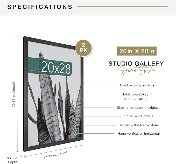 MCS Studio Gallery 20x28 Poster Frame Black Woodgrain Engineered Wood, Vertical & Horizontal Wall Hanging Large Picture Frame for Photos, Posters & Art Prints (2-Pack)
