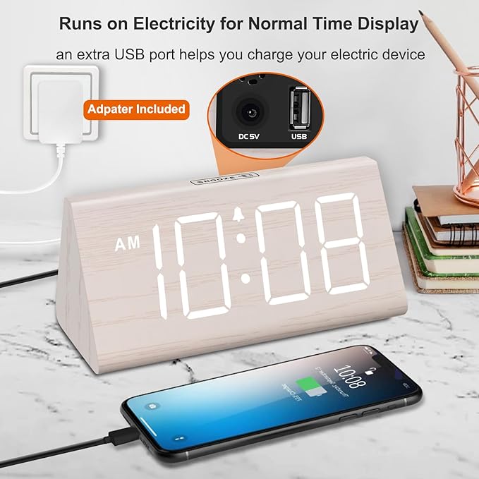 DreamSky Wooden Digital Alarm Clock for Bedroom - Living Room Desk Clock with Large Numbers, Bedside Nightstand Clock with USB Port, Adjustable Volume, Dimmer, DST, Office Wood D??cor, Adapter Powered