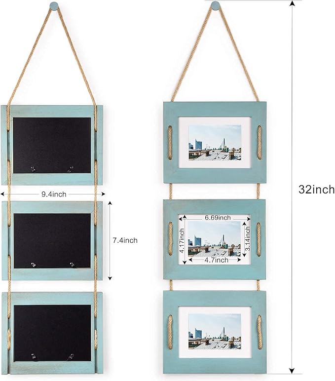 DLQuarts 5x7 Hanging Picture Frames Collage Wall Decor, 3-Opening Photo Frames 5x7 without Mat & 3.5x5 with Mat, Rustic Wood 3 Photo Frames, Ocean Blue