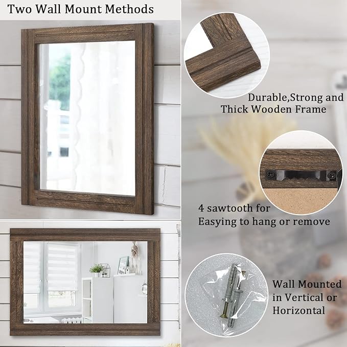 AAZZKANG Rustic Wood Mirror Rectangle Decorative Wall Hanging Mirrors with Frame Large 28"x20" for Bedroom Living Room Bathroom Home Entryway