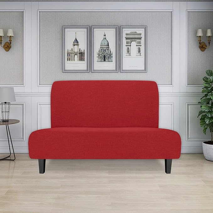 Easy-Going Stretch Futon Slipcover Armless Futon Bed Cover Furniture Protector Without Armrests with Elastic Bottom for Kids, Soft Jacquard Fabric Small Checks (Medium, Christmas Red)