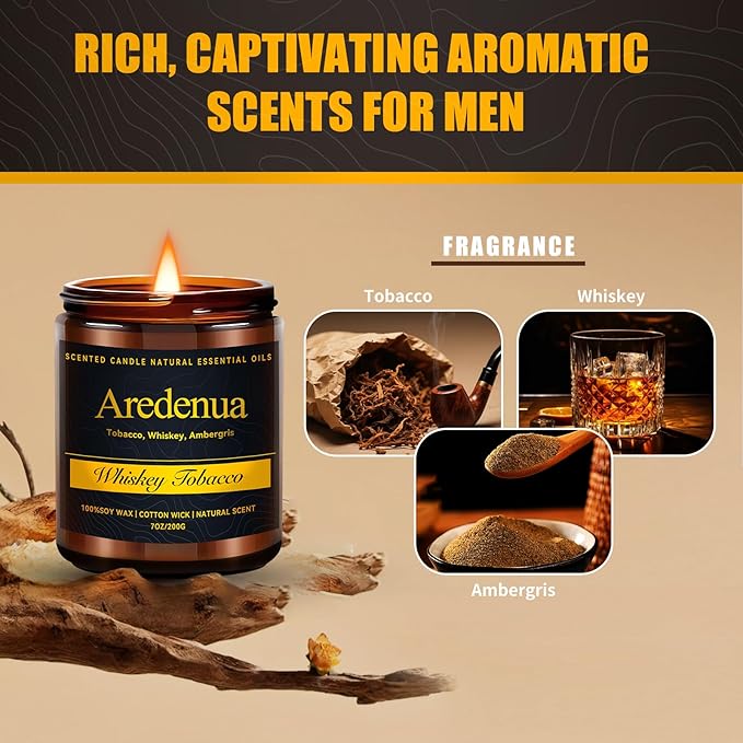 Whiskey Tobacco Candle – Manly Scented Candle for Men, Masculine Soy Candles with Whiskey & Tobacco Aroma, Long Lasting Rustic Candles for Home, Bar, Office, Lounge, Gift for Men