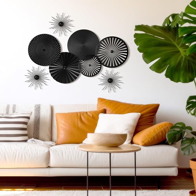 Lingvee 8 Pcs Gold Wall Decor Modern Metal Decor Metal Starbursts Radial Plate Art Hanging Decorative Wall Decorations for Home Bedroom Bathroom Living Room Office Sculpture (Black)