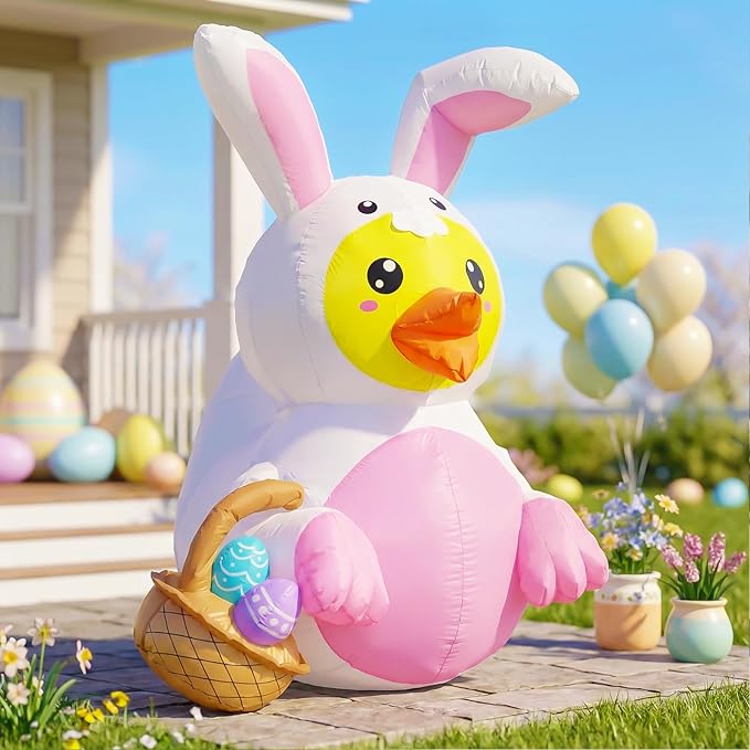 5FT Easter Inflatable Duck with Bunny Ears and Egg Basket, Built-in LED Lighted Blow Up Decoration for Home, Yard, Outdoor, Indoor, Garden, Lawn Easter Inflatables Outdoor Decorations