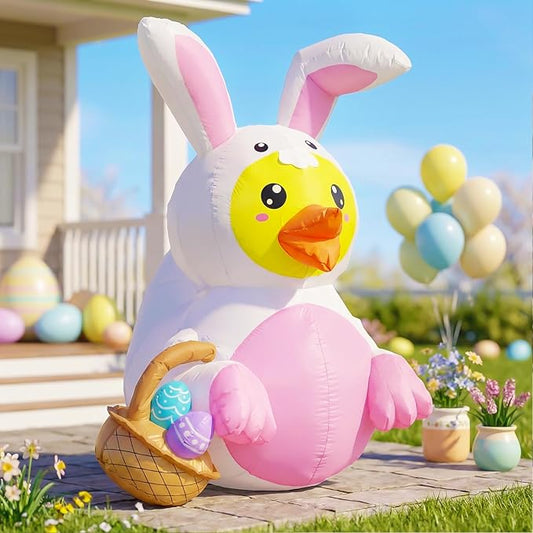 5FT Easter Inflatable Duck with Bunny Ears and Egg Basket, Built-in LED Lighted Blow Up Decoration for Home, Yard, Outdoor, Indoor, Garden, Lawn Easter Inflatables Outdoor Decorations