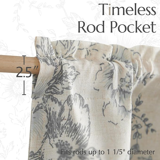 jinchan Linen Floral Valance Double Layer Kitchen Window Curtain Grey Flower on Beige Valance for Living Room Cafe Farmhouse Light Filtering Rustic Country Curtain 18 Inch Rod Pocket 1 Panel