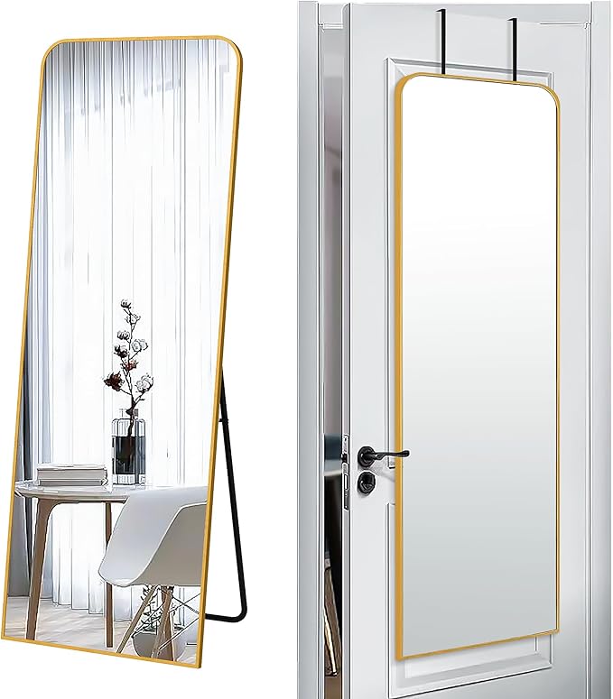 SCWF-GZ 57x20 Door Hanging Full Length Mirror, Floor (Height 5.7ft just Body in 1.3ft) or Wall Mounted Metal Frame Rectangle Dressing Mirrors for Bedroom Bathroom Living Room 57 inch Gold
