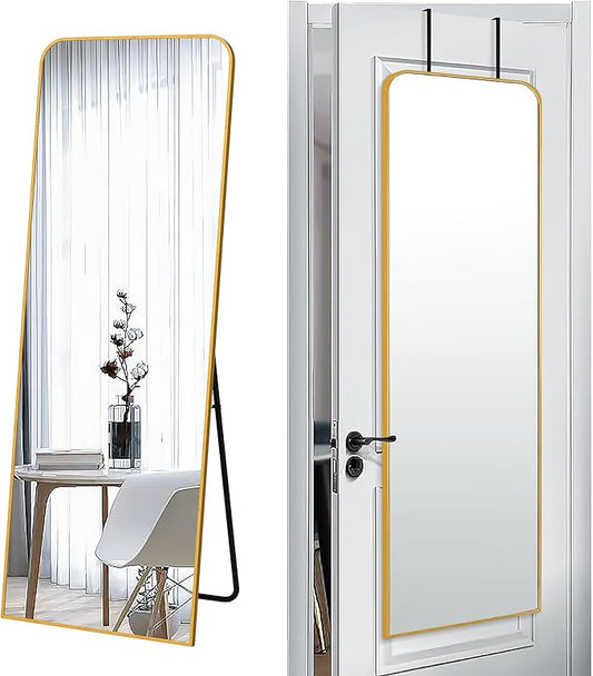 SCWF-GZ 57x20 Door Hanging Full Length Mirror, Floor (Height 5.7ft just Body in 1.3ft) or Wall Mounted Metal Frame Rectangle Dressing Mirrors for Bedroom Bathroom Living Room 57 inch Gold