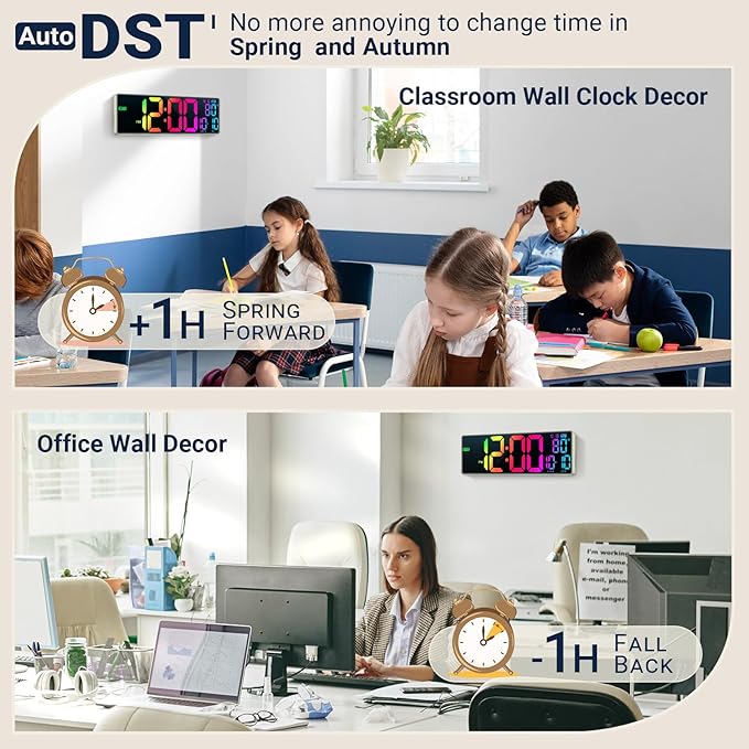 16.5" Large Digital Wall Clock: 11 RGB Color LED Display with Remote Control, Auto DST, Temperature & Date, Big Number Wall Clock for Seniors, Classroom, Office, Gym, Home Decor Khaki