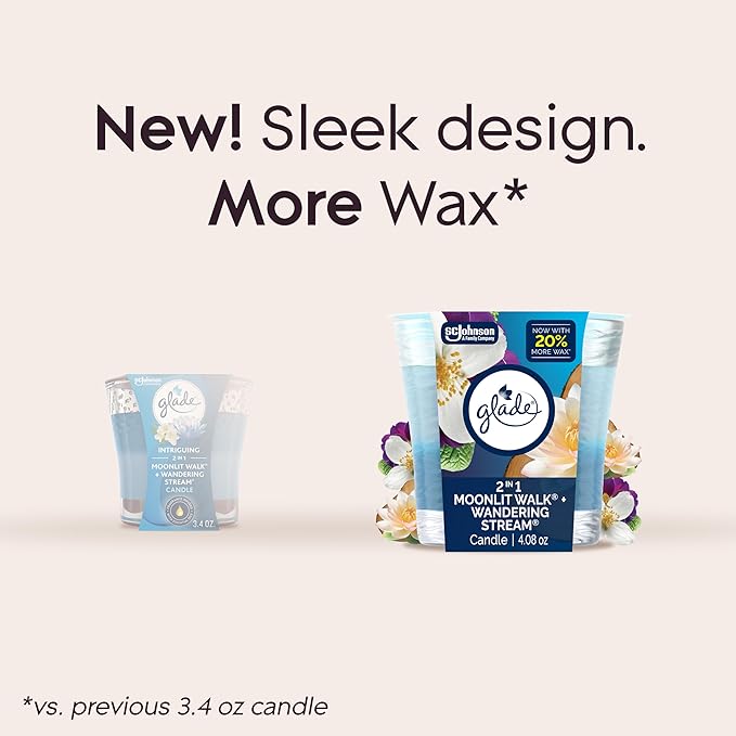 Glade 1-Wick 2in1 Scented Candle Jar, Moonlit Walk & Wandering Stream, Air Freshener Infused with Essential Oils, 4.08 Oz, 3 Count