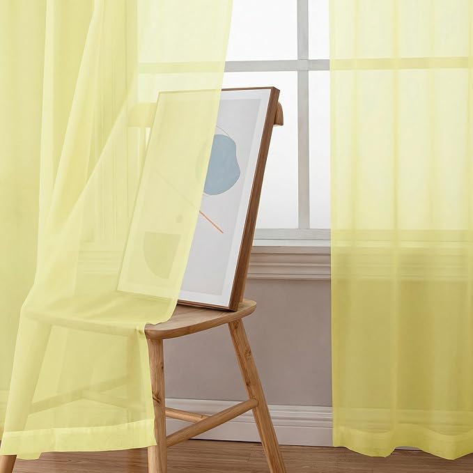 OWENIE Sheer Curtains 63 Inch Length 2 Panels Set for Bedroom Living Room, Modern Soft Solid Light Filtering Sheer Curtain, Rod Pocket Window Treatments, 42" Wx63 L, Light Yellow