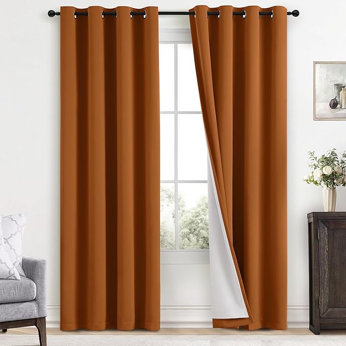 Yakamok Room Darkening 100% Blackout Curtains Grommet Window Treatments with 2 Thick Layers-Burnt Orange Thermal Insulated Drapes Set of 2 Panels for Bedroom Living Room 52 Inches by 84 Inches Length
